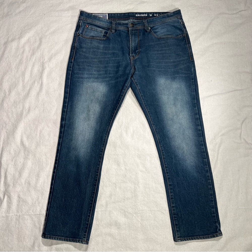 MBX Jeans Slim Stretch Dark Blue 36x30 Mens Distressed Denim